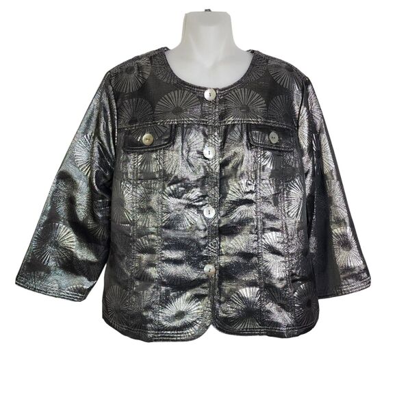 Ruby Rd. Womens Jacket Size 14 Gray Silver Metallic Button 3/4 Sleeve Blazer - Picture 1 of 10